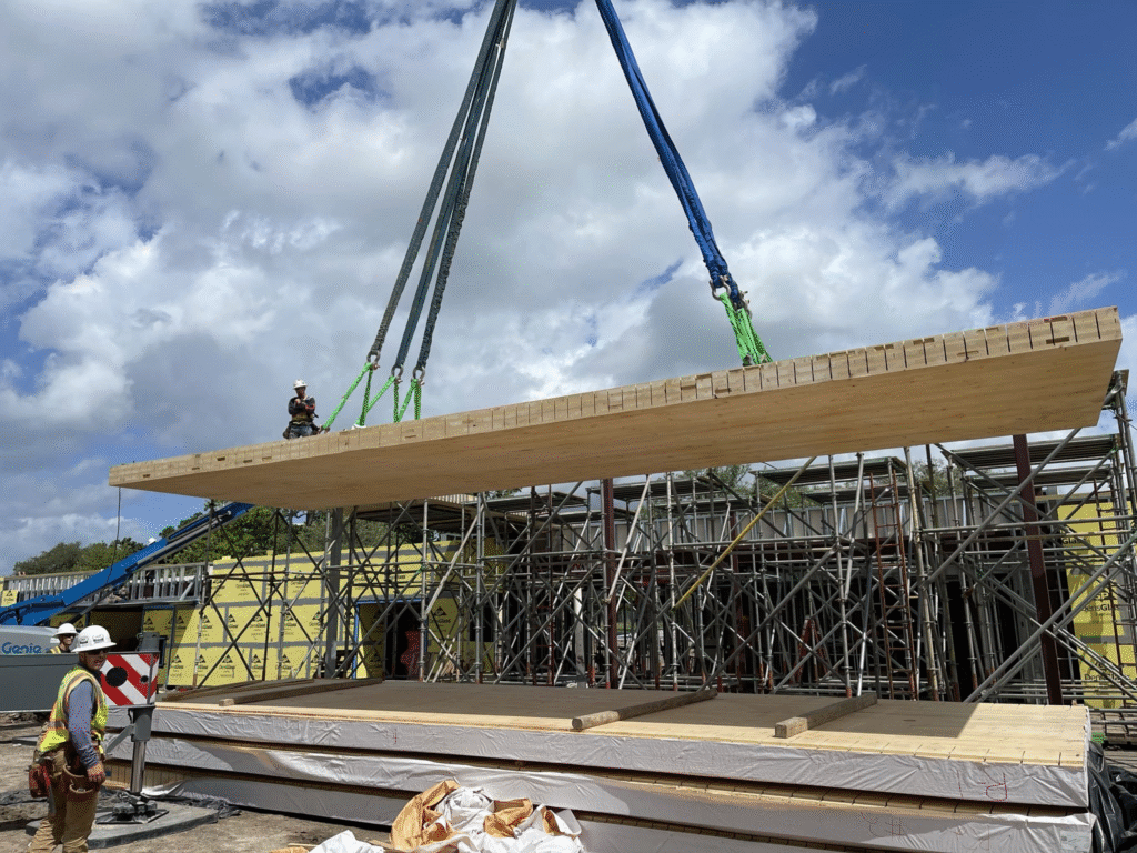 | binkley construction mass timber panels being installed at Texas A&M's Aggie Park