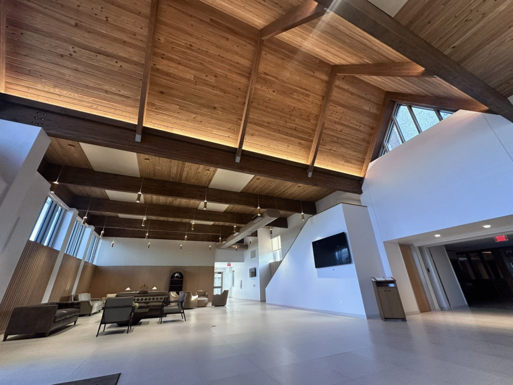 | binkley construction interior view of decorative mass timber church