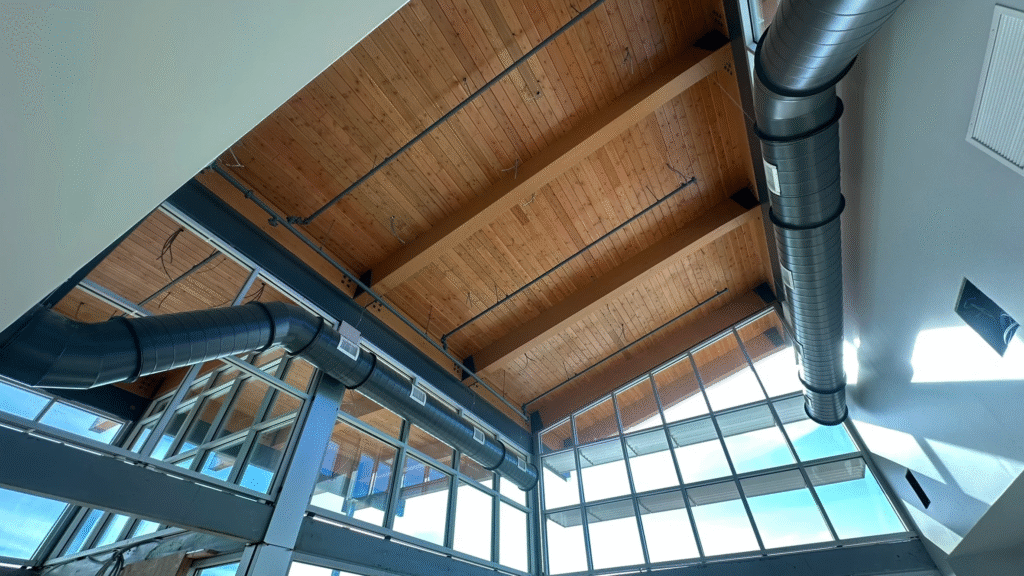 | binkley construction floor view of ceiling interior made with mass timber