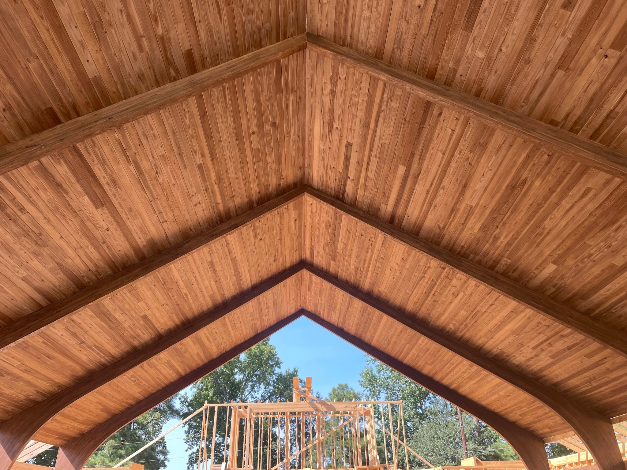 Exposed timber beams supporting a vaulted wooden roof, showcasing structural strength and architectural design in a modern timber building.